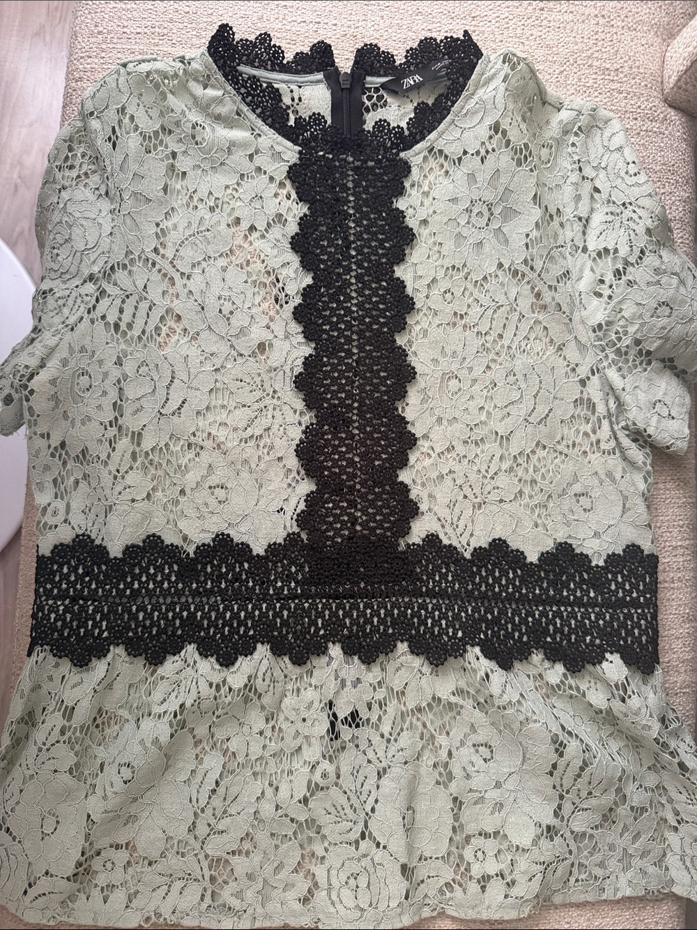 Zara Mint Green Lace Blouse with Black Crochet Panels